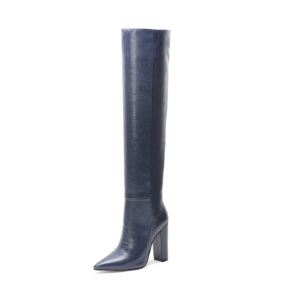 Blue Pointed Toe Block Heel knee High Boots