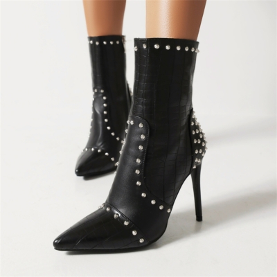 Women's Black Vegan Leather Pointed Toe Rivets Stiletto Heels Ankle Booties