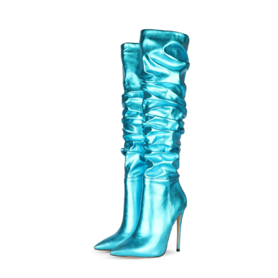 Light Blue Metallic Plisse Stilettos Over the Knee Boots