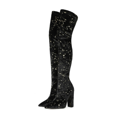 Black Stars Pattern Velvet Thigh High Boots with Block Heel
