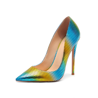Cyan and Gold Gradient Pythone Printed Pointed Toe Stiletto Heels Multicolor Colors Pumps