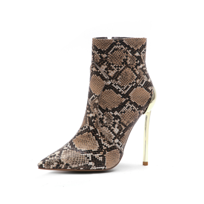 Women's Brown Python Printed Pointed Toe Stiletto Heels Ankle Booties
