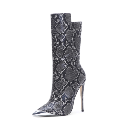 Women's Black-grey Python Printed Vegan Leather Pointed Toe Stiletto Heels Ankle Boots