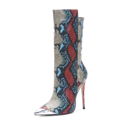 Women's Red-blue Python Printed Vegan Leather Pointed Toe Stiletto Heels Ankle Boots
