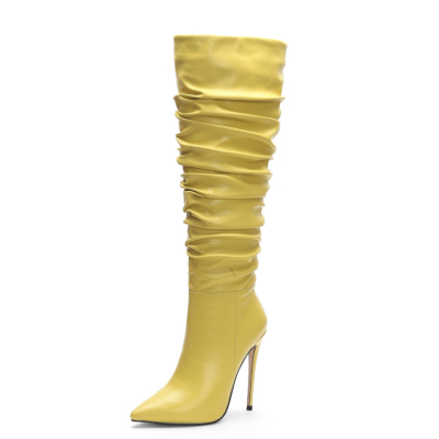 Women's Yellow Vegan Leather Pointed Toe Stilettos Knee High Heel Sclouch Booties
