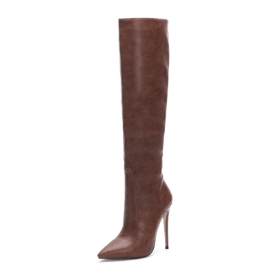 Women's Brown Vegan Leather Pointed Toe Stilettos Knee High Boots