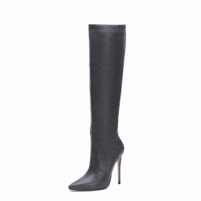 Women's Dark Grey Vegan Leather Pointed Toe Stilettos Knee High Boots