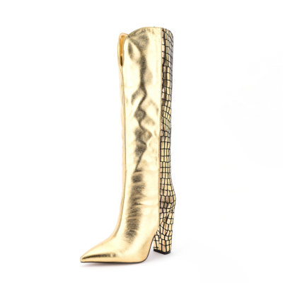 Golden Croc Printed V Cut Knee High Boots Pointed Toe Chunky Heels Long Boots