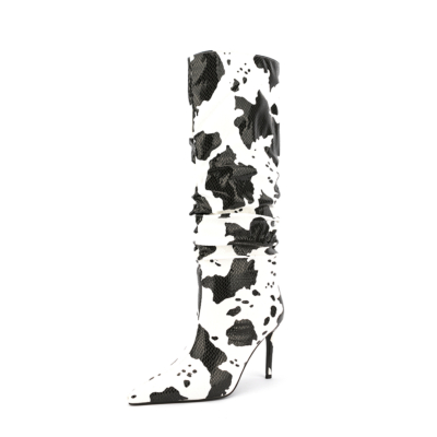 Women's Cow Printed Pointed Toe Stiletto Heels Sclouch Knee High Booties Long Boots