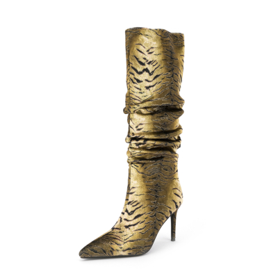 Women's Gold Tiger Printed Pointed Toe Stiletto Heels Sclouch Knee High Booties Long Boots