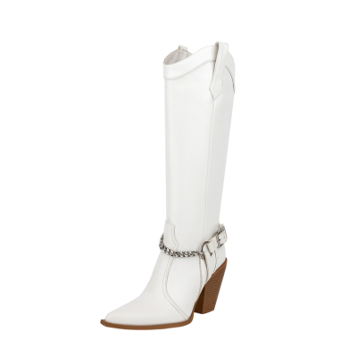 Women's White Vegan Leather Almond Toe Block Heel Cowboy Booties