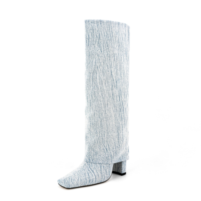 Light Blue Denim Fold Over Boots Square Toe Chunky Heel Knee High Boots