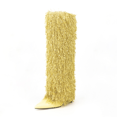 Yellow Fabric Fringe Furry Fold Over Boots Pointed Toe Chunky Heel Knee High Booties