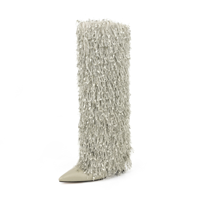 Grey Fabric Fringe Furry Fold Over Boots Pointed Toe Chunky Heel Knee High Booties