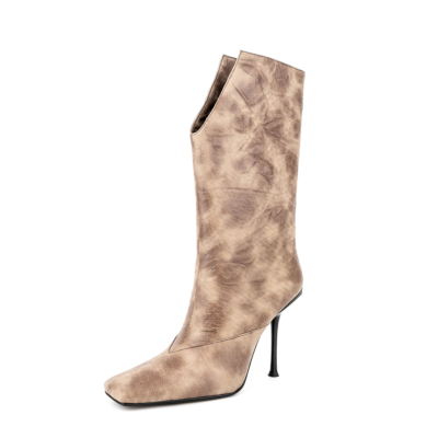 Brown V-Cut Mid-Calf Boots Stiletto Heel Square Toe Booties
