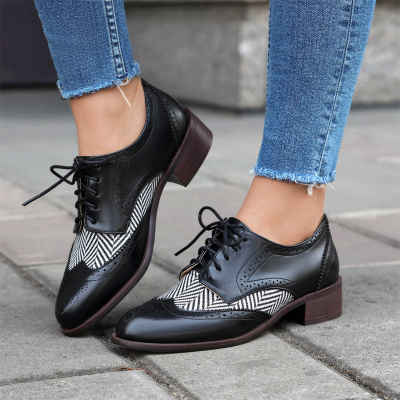 Black Round Toe Stripe Lace up Women's Wingtip Oxford Shoes Dress Shoes