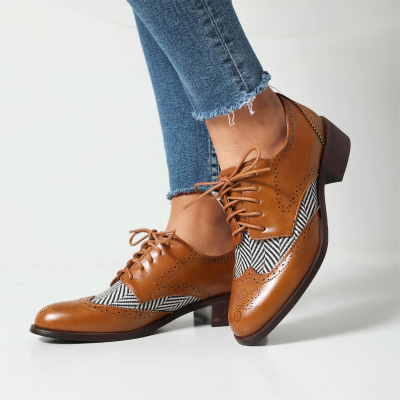 Ginger Round Toe Stripe Lace up Women's Wingtip Oxford Shoes Dress Shoes