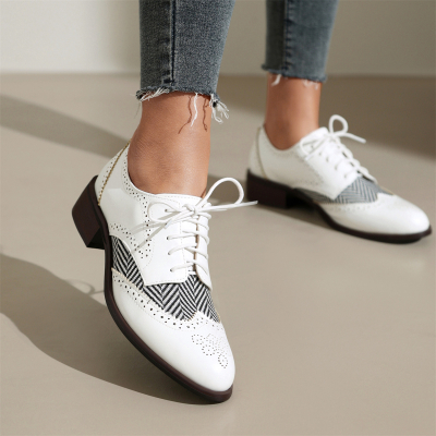 White Round Toe Stripe Lace up Women's Wingtip Oxford Shoes Dress Shoes