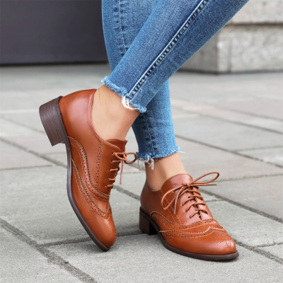 Brown Round Toe Hollow out Wingtip Lace up Women's Oxford Shoes Dress Shoes