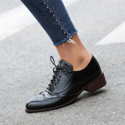 Black Round Toe Hollow out Wingtip Lace up Women's Oxford Shoes Dress Shoes