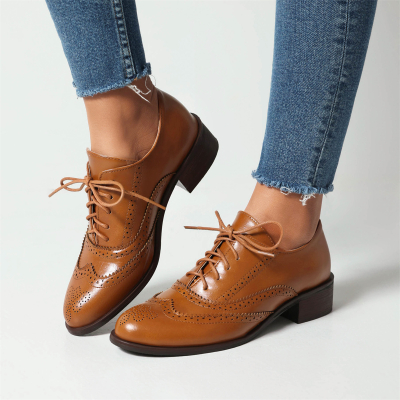 Ginger Round Toe Hollow out Wingtip Lace up Women's Oxford Shoes Dress Shoes