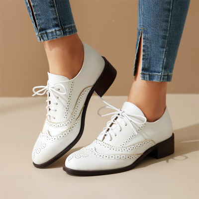 White Round Toe Hollow out Wingtip Lace up Women's Oxford Shoes Dress Shoes