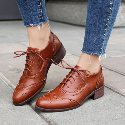 Brown Round Toe Wingtip Lace up Dress Office Shoes Women's Oxford Shoes