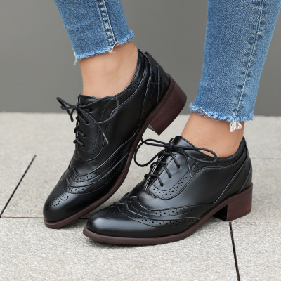 Black Retro Wingtip Women's Oxford Shoes Round Toe Lace up Work Shoes