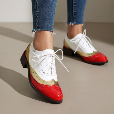 Red and White Retro Wingtip Women's Oxford Shoes Round Toe Lace up Work Shoes