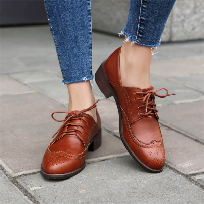 Brown Women's Office Lace up Hollow out Wingtip Oxford Shoes
