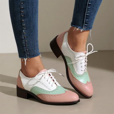 Pink and Green Women's Office Formal Shoes Round Toe Wingtip Oxford Shoes Flats