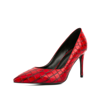 Women's Red Pointed Toe Stone Embossed Stiletto Heel Pumps
