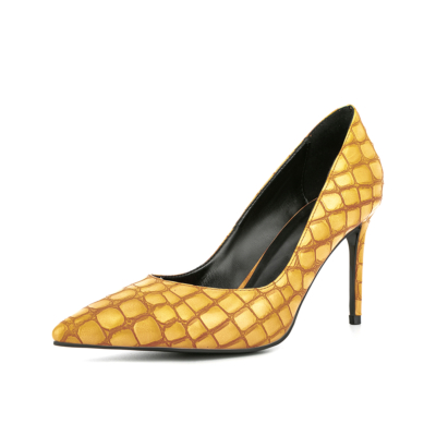 Women's Yellow Pointed Toe Stone Embossed Stiletto Heel Pumps
