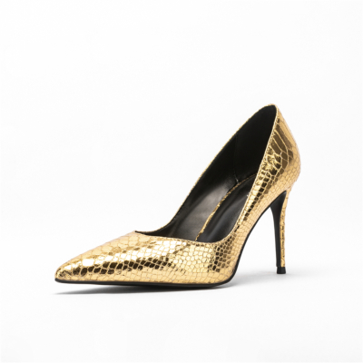 Gold Pointy Toe Python Embossing Stilettos Pumps High Heel Shoes