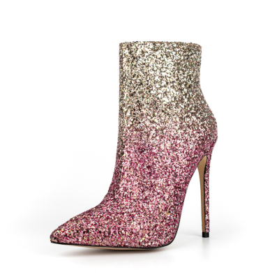 Pink and Gold Gradient Color Glitter Stilettos Ankle Booties Pointy Toe Short Boots