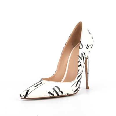 White and Black Floral Patent Leather Stiletto Heels Pumps