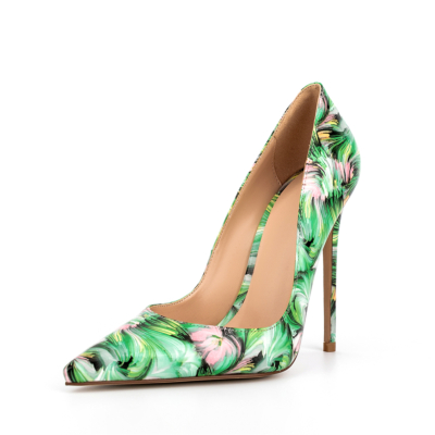 Green Floral Patent Leather Stiletto Heels Pumps