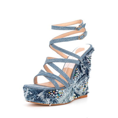 Blue Denim Colors Rhinestone Wedge Sandals Open Toe Platform Heel Cross Strap Sandals