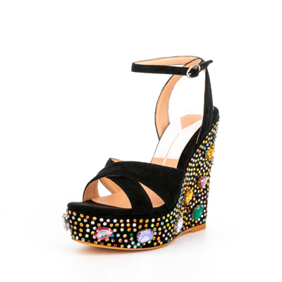 Dazzle Colour Rhinestone Heart Wedge Heel Sandals Ankle Strap Party Sandals