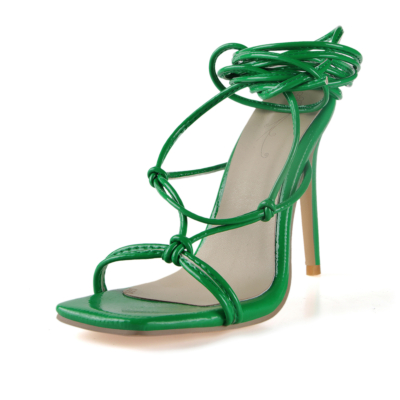 Women's Green Open Toe Stiletto Heel Thin Strappy Sandals
