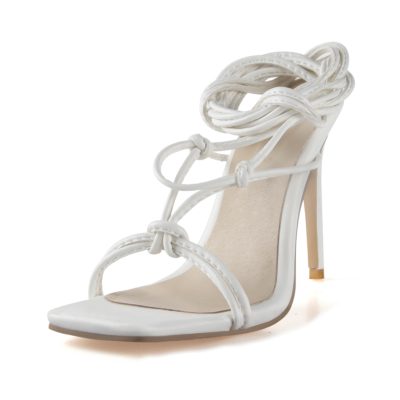 Women's White Open Toe Stiletto Heel Thin Strappy Sandals
