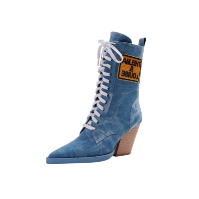 Blue Denim Pointed Toe Lace up Ankle Cowboy Boots