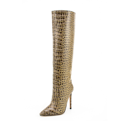 Green Python Printed Pointed Toe Stiletto Heels Knee High Boots