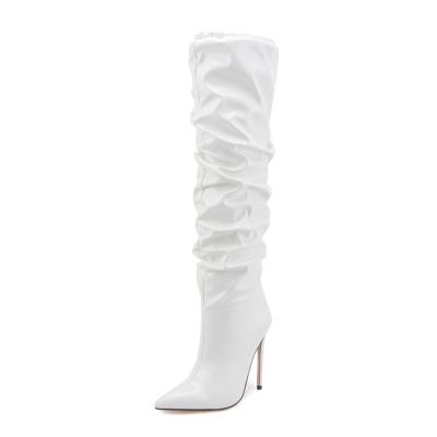 White Pointed Toe Stiletto Heels Slouch Boots Fashion Knee High Boots