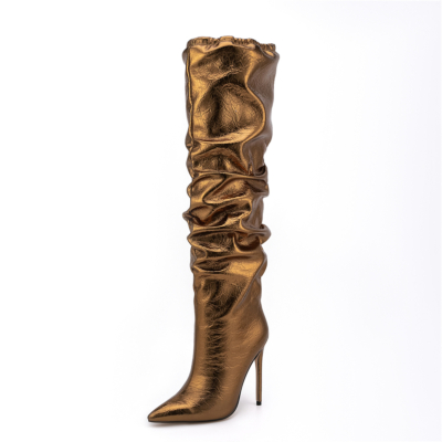 Bronzing-gold Shiny Fashion Knee High Boots Pointed Toe Stiletto Heel Slouch Boots