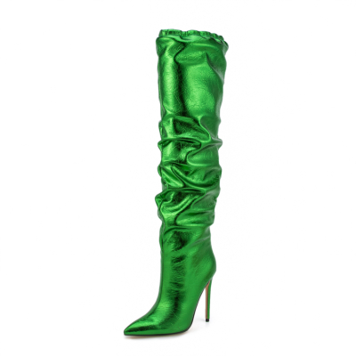 Shiny Fashion Knee High Boots Pointed Toe Stiletto Heel Slouch Boots