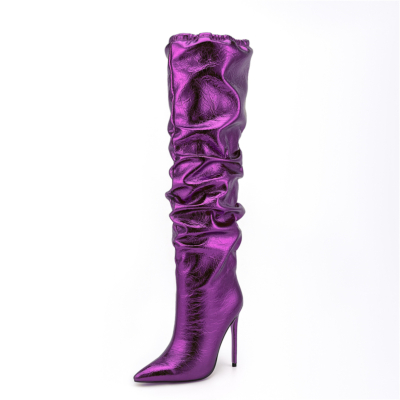 Purple Shiny Fashion Knee High Boots Pointed Toe Stiletto Heel Slouch Boots