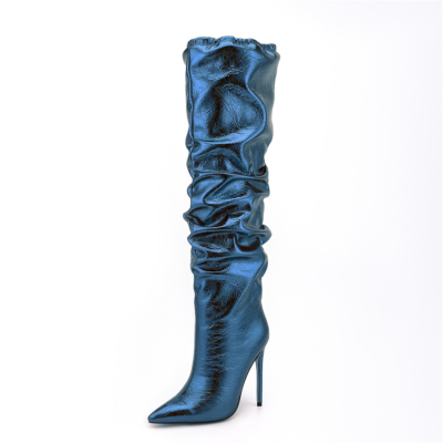Navy Shiny Fashion Knee High Boots Pointed Toe Stiletto Heel Slouch Boots
