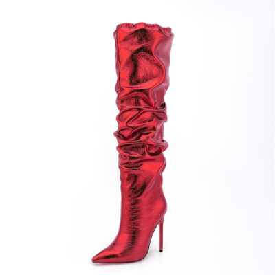 Red Shiny Fashion Knee High Boots Pointed Toe Stiletto Heel Slouch Boots