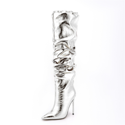 Silver Shiny Fashion Knee High Boots Pointed Toe Stiletto Heel Slouch Boots
